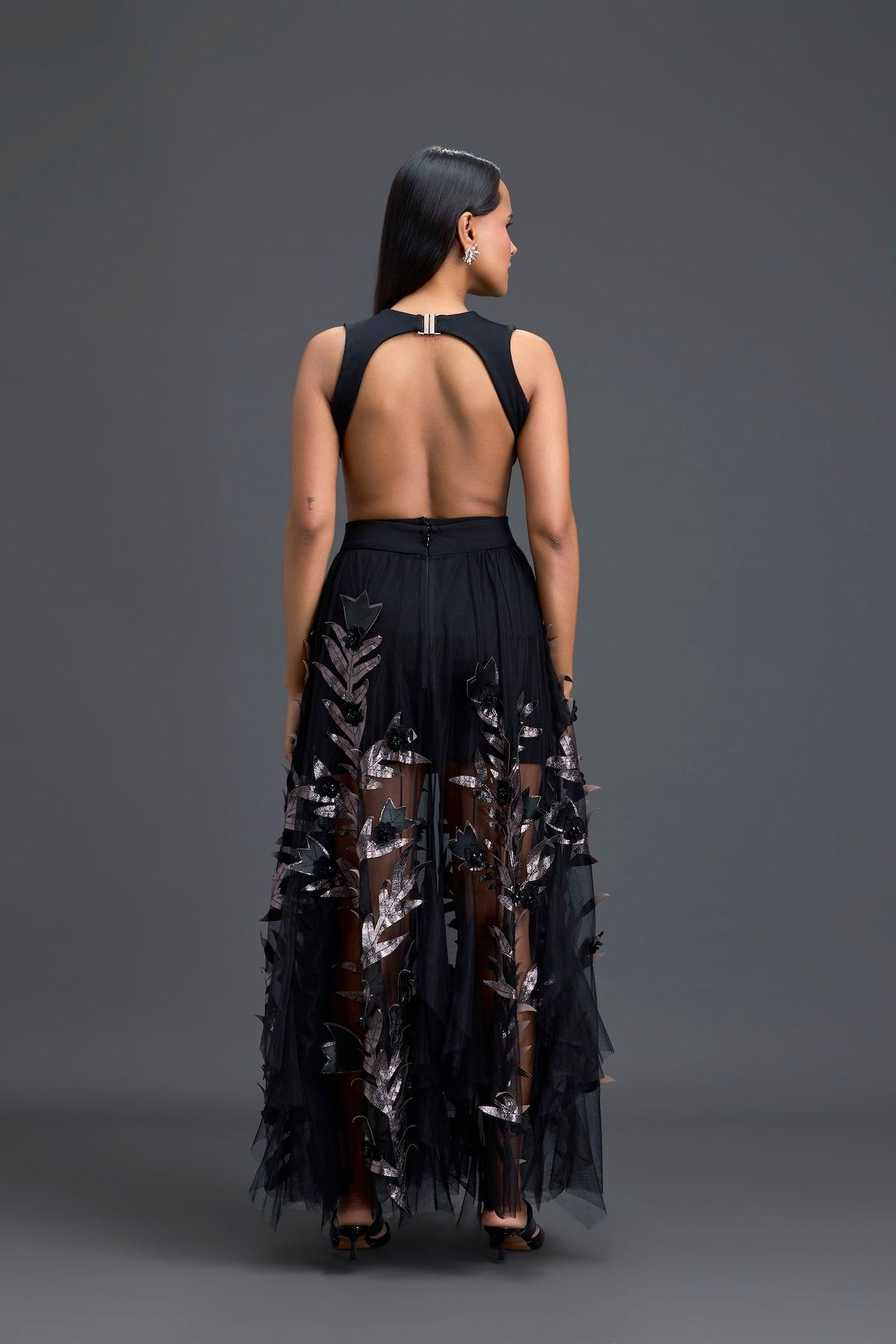 Black Cutout Top and Metallic Leaf Tulle Skirt Set
