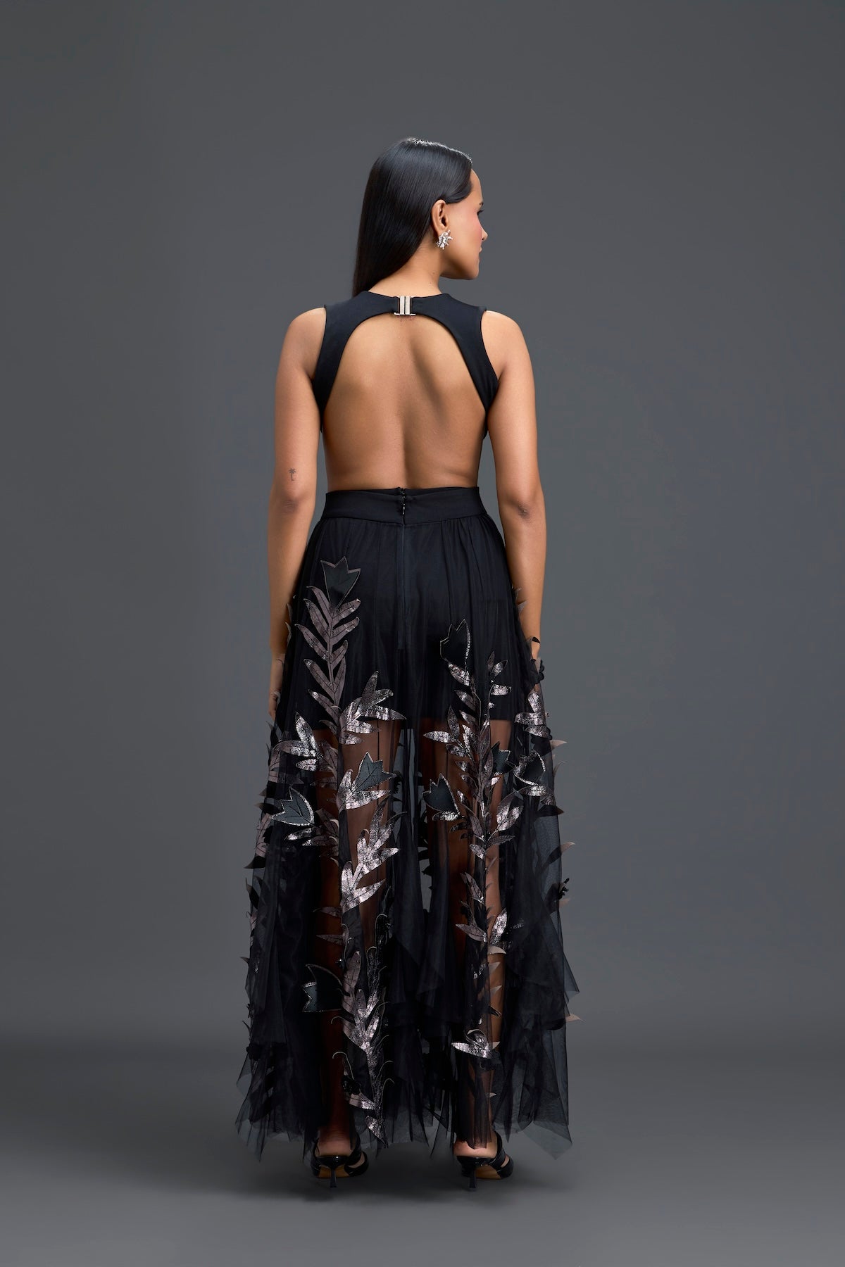Black Cutout Top and Metallic Leaf Tulle Skirt Set