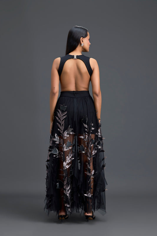 Black Cutout Top and Metallic Leaf Tulle Skirt Set