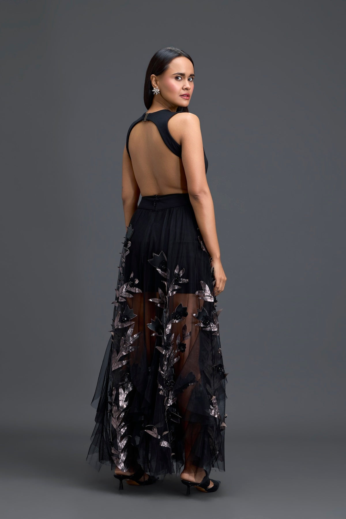 Black Cutout Top and Metallic Leaf Tulle Skirt Set