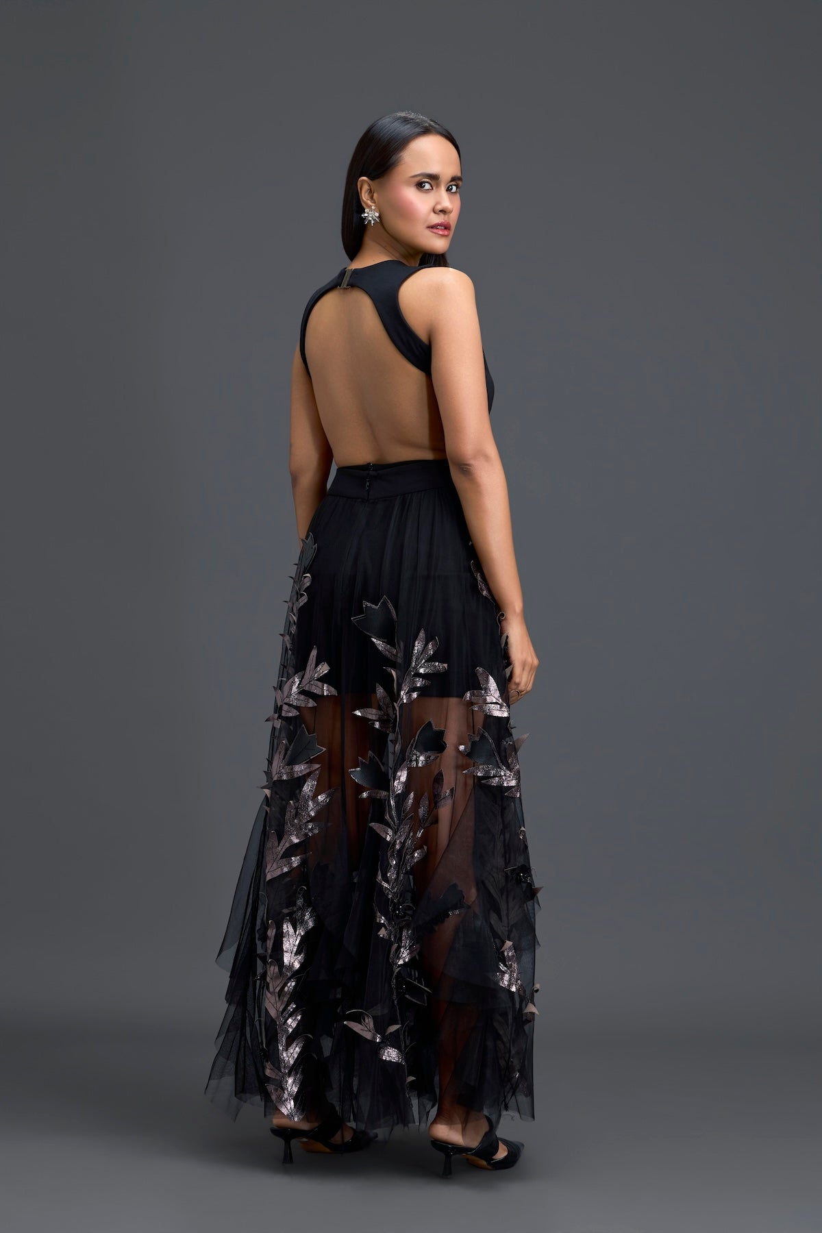 Black Cutout Top and Metallic Leaf Tulle Skirt Set