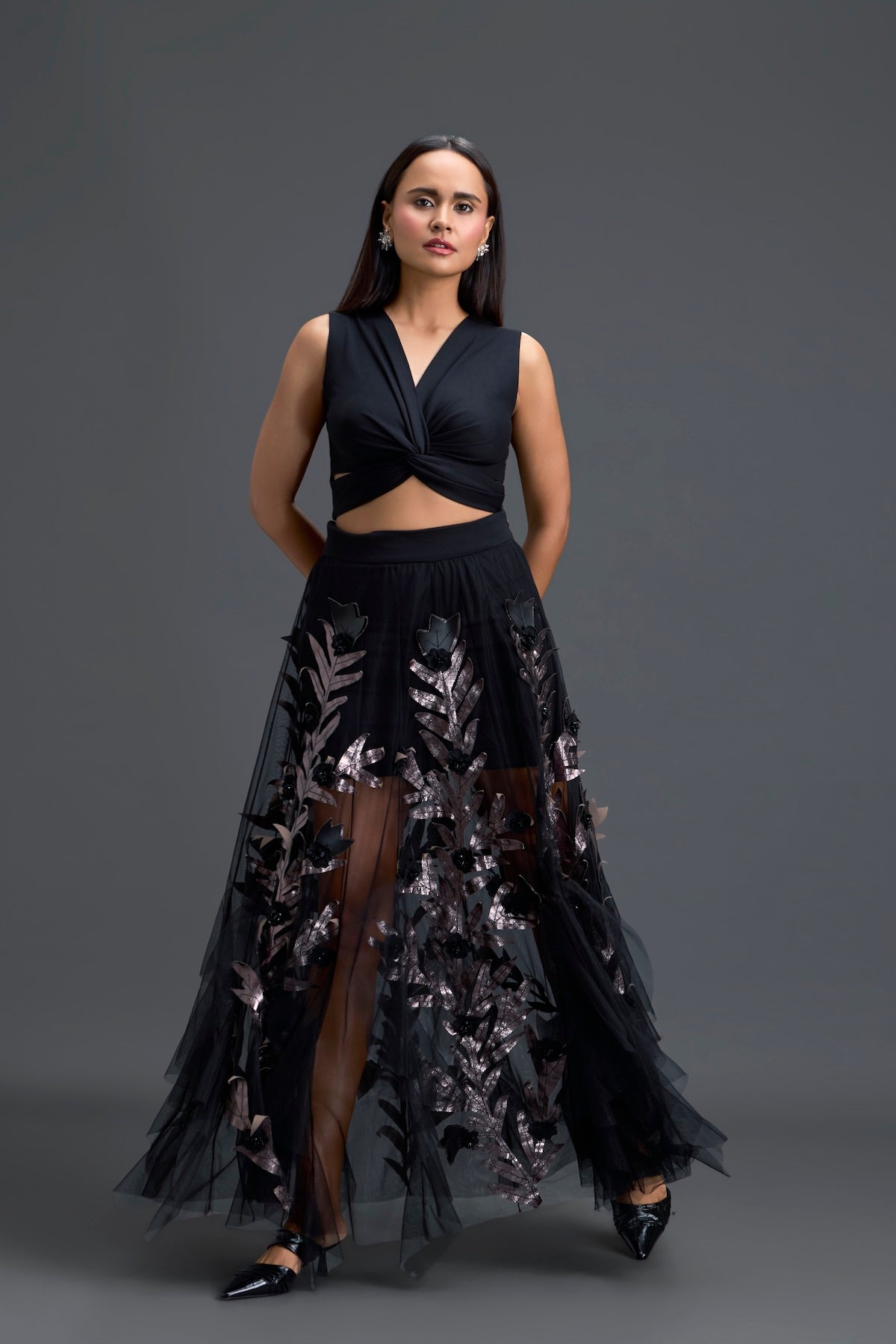 Black Twist Crop Top and Metallic Leaf Tulle Skirt