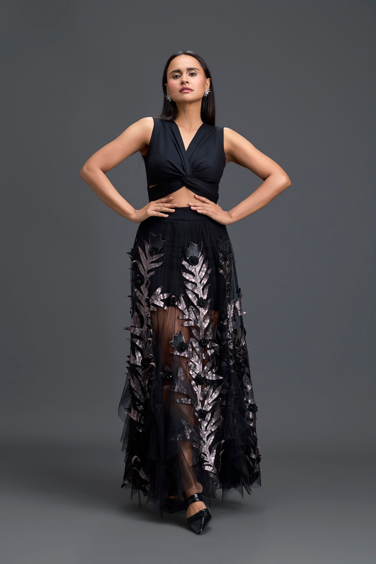 Black Twist Crop Top and Metallic Leaf Tulle Skirt