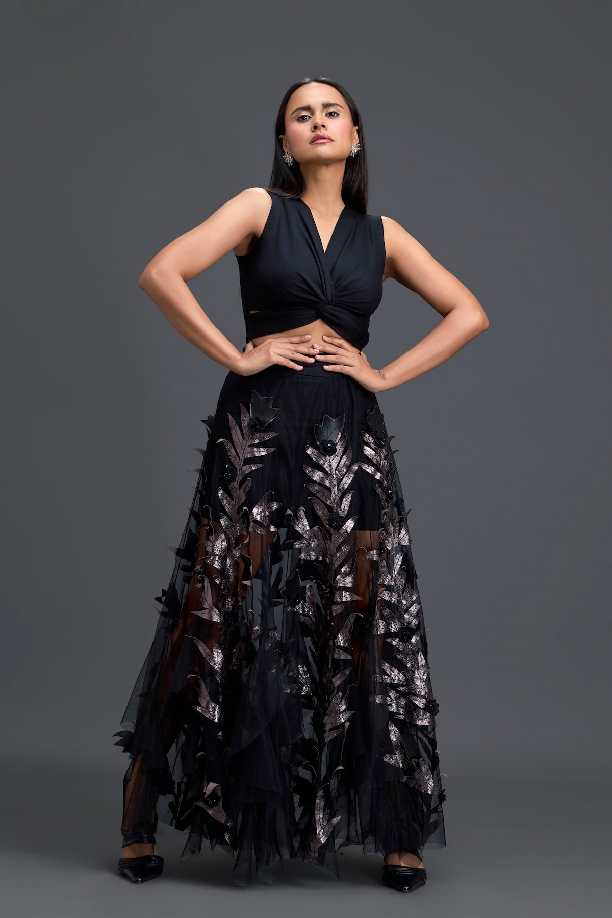 Black Twist Crop Top and Metallic Leaf Tulle Skirt