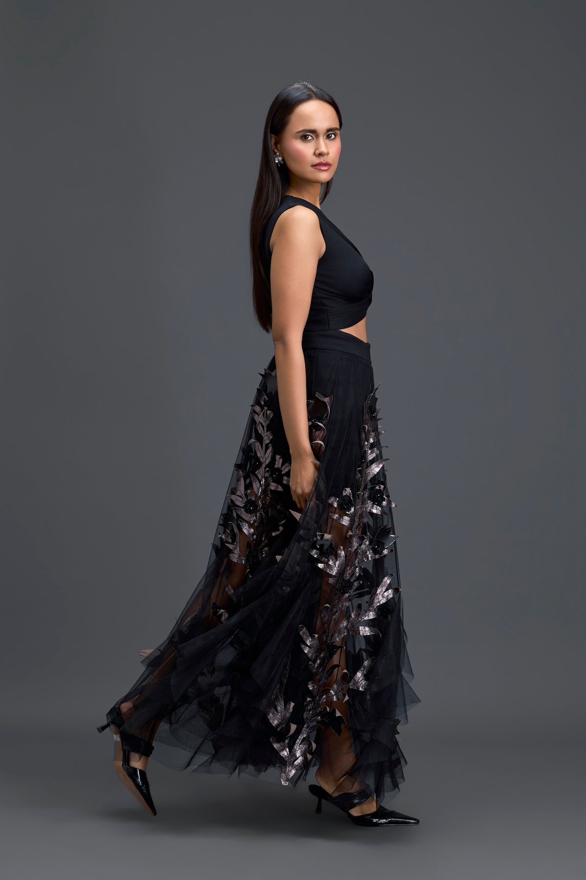 Black Twist Crop Top and Metallic Leaf Tulle Skirt