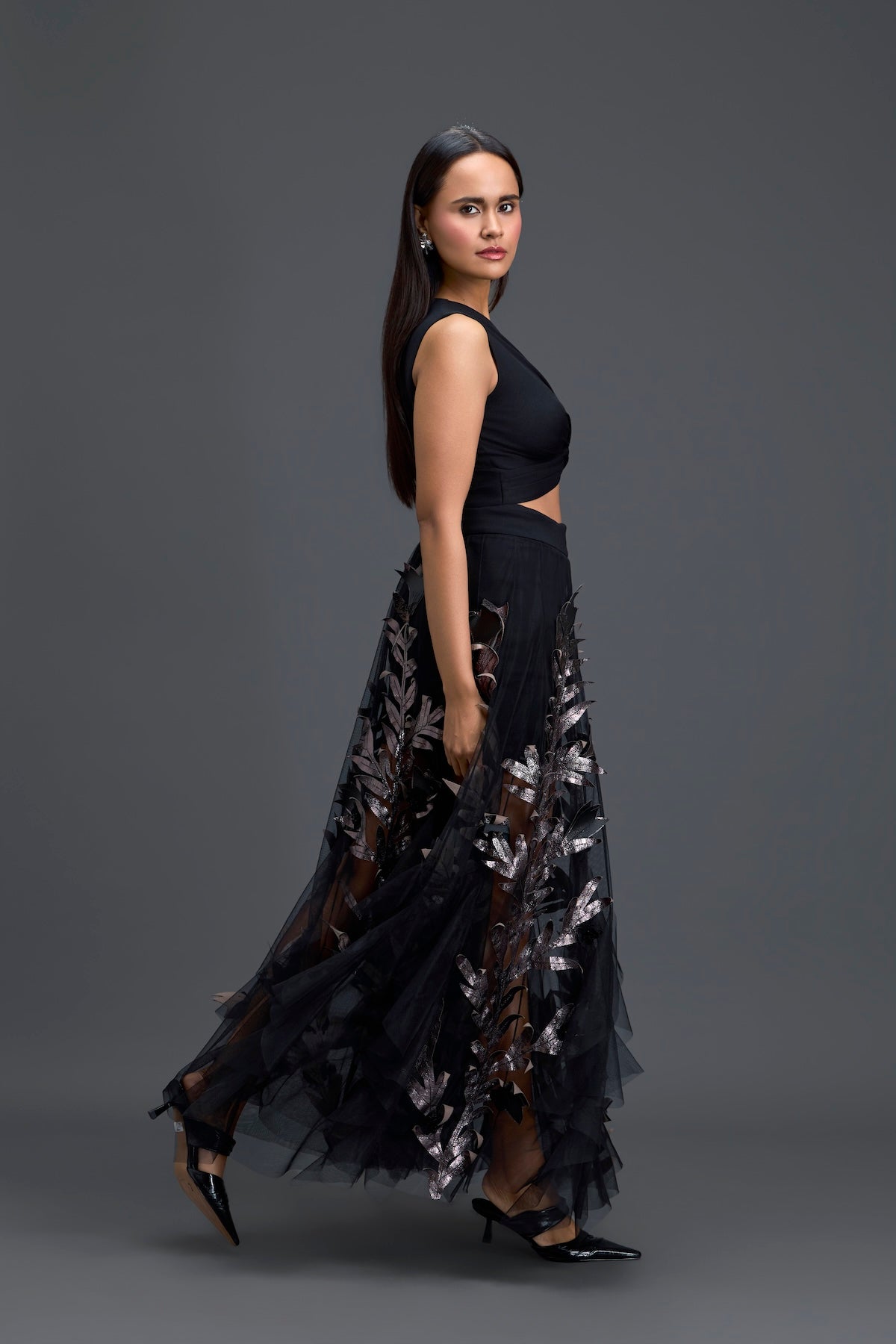 Black Twist Crop Top and Metallic Leaf Tulle Skirt