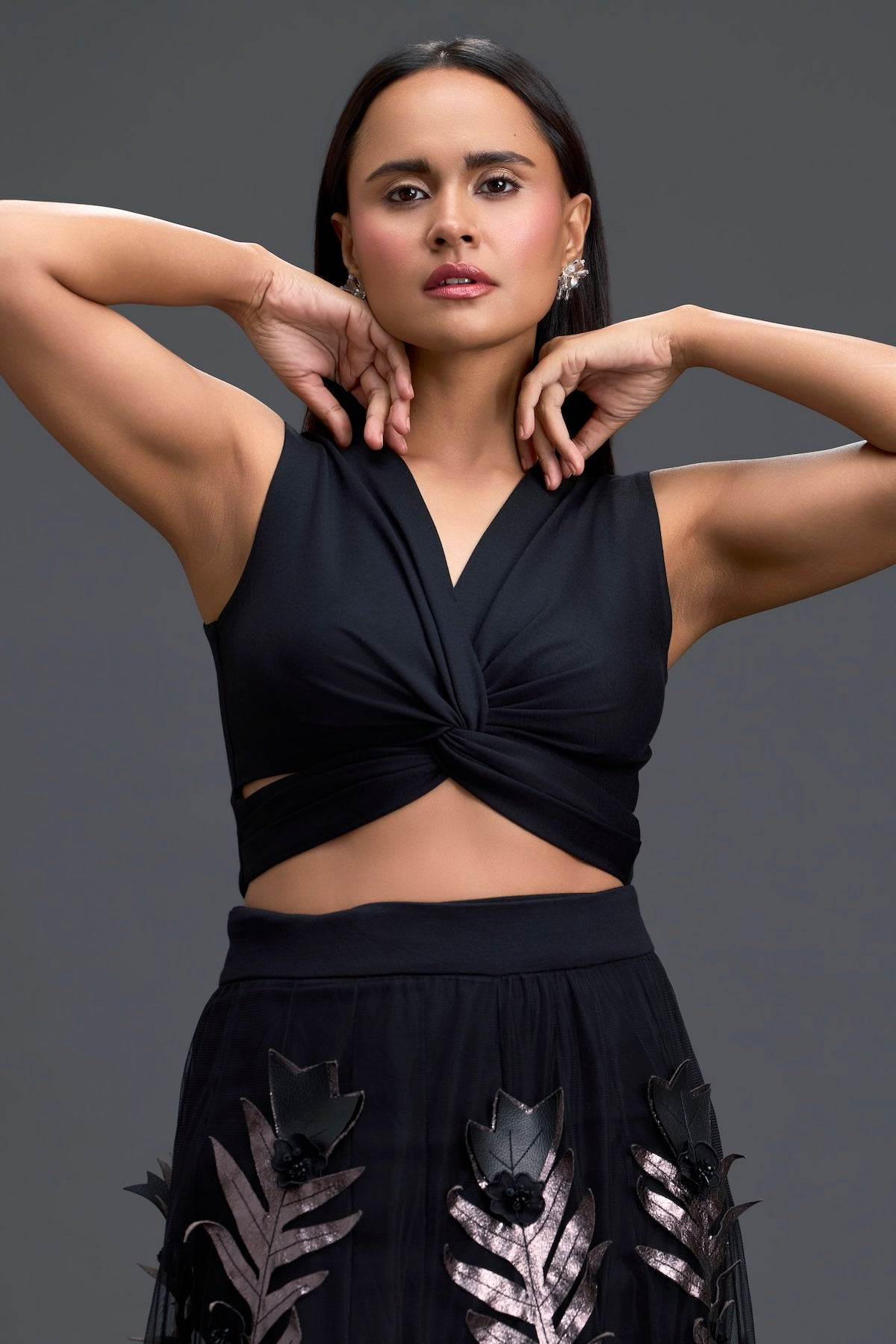 Black Twist Crop Top and Metallic Leaf Tulle Skirt