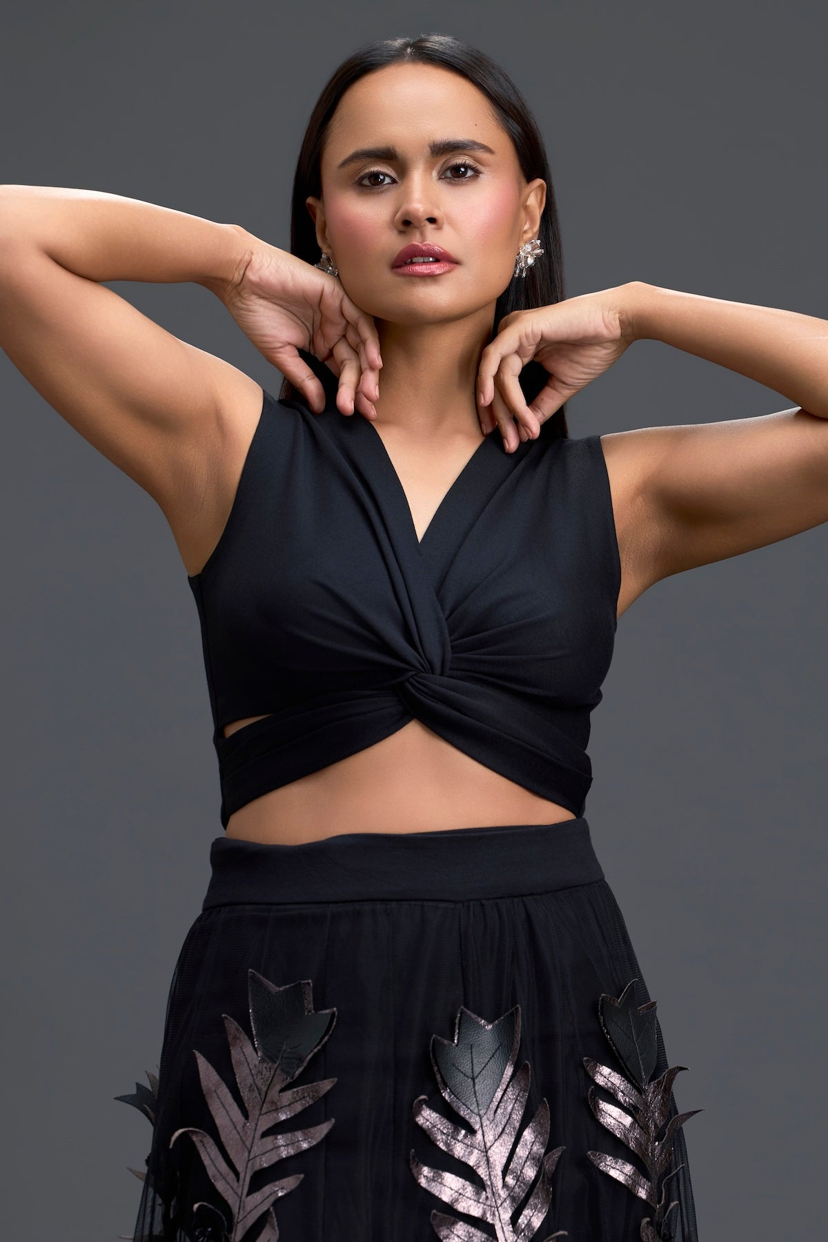 Black Twist Crop Top and Metallic Leaf Tulle Skirt