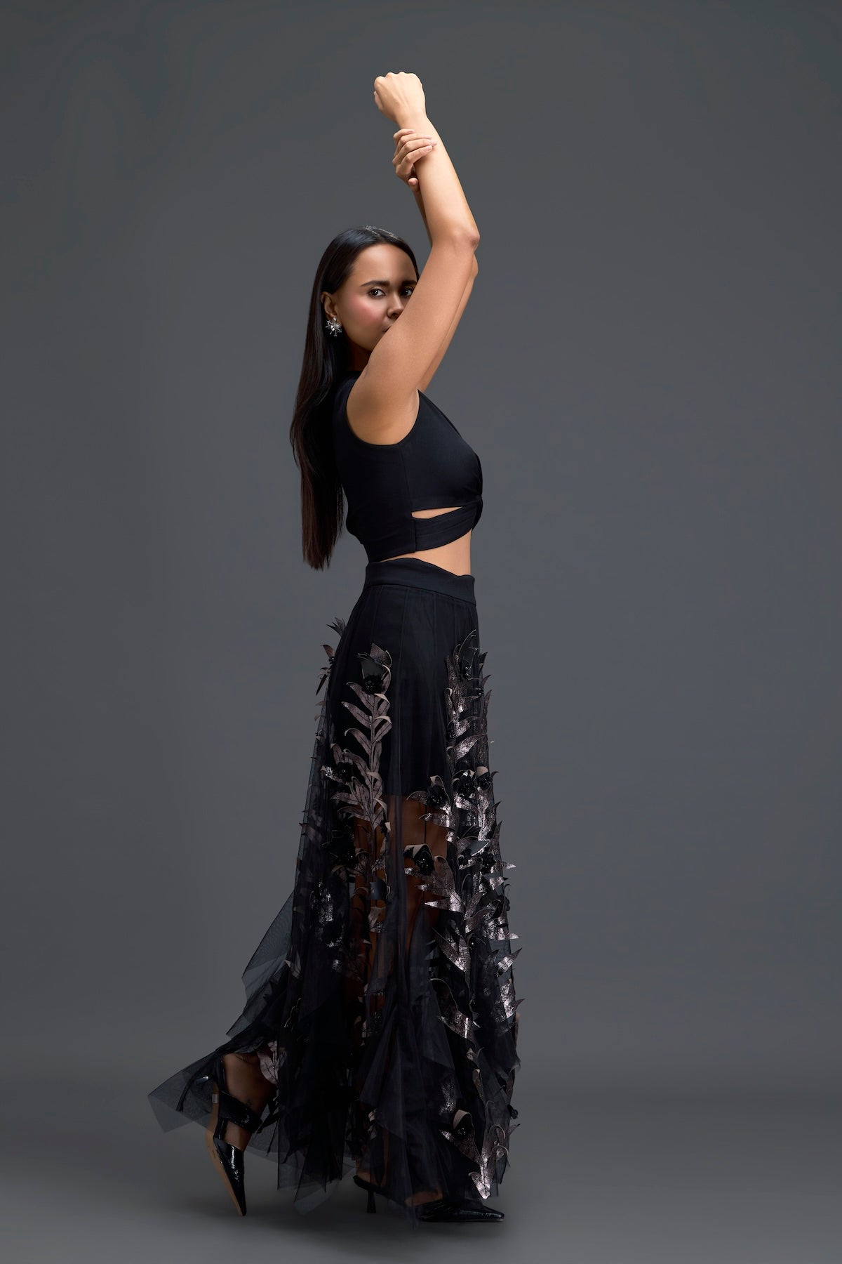 Black Twist Crop Top and Metallic Leaf Tulle Skirt