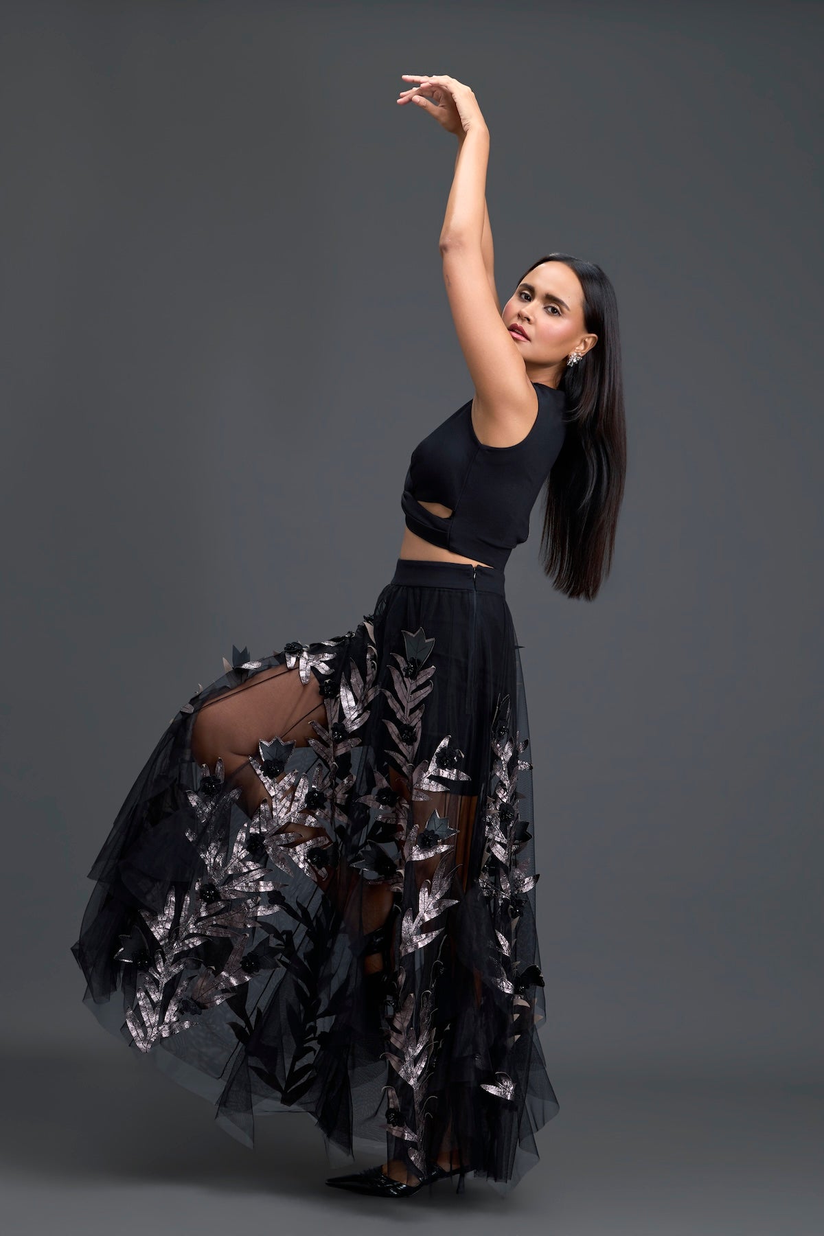 Black Twist Crop Top and Metallic Leaf Tulle Skirt