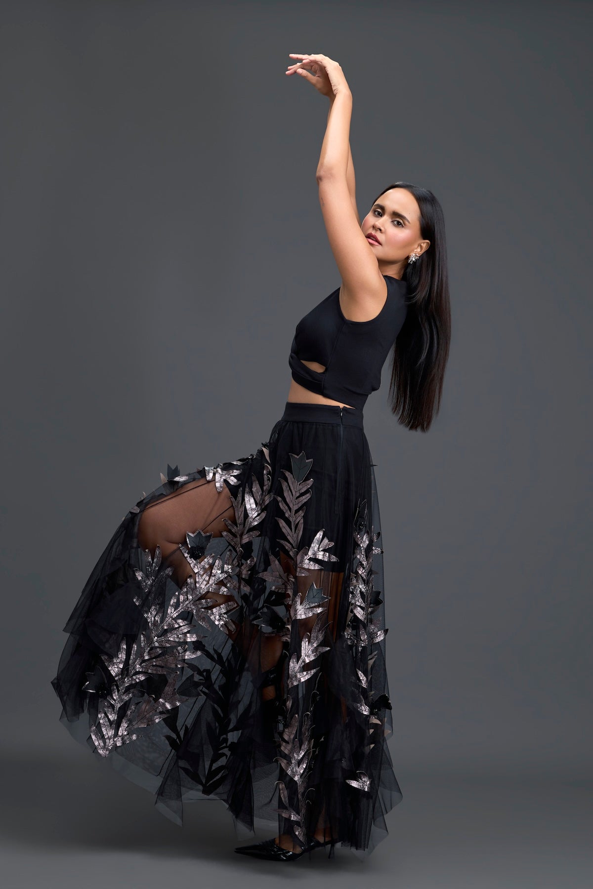 Black Twist Crop Top and Metallic Leaf Tulle Skirt