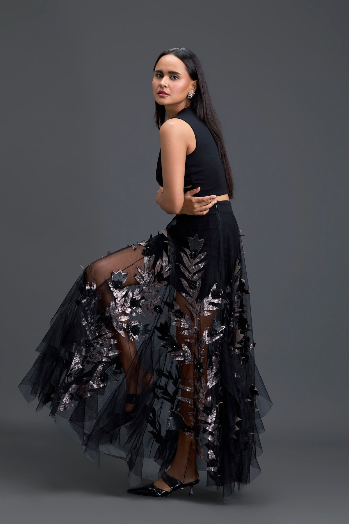 Black Twist Crop Top and Metallic Leaf Tulle Skirt