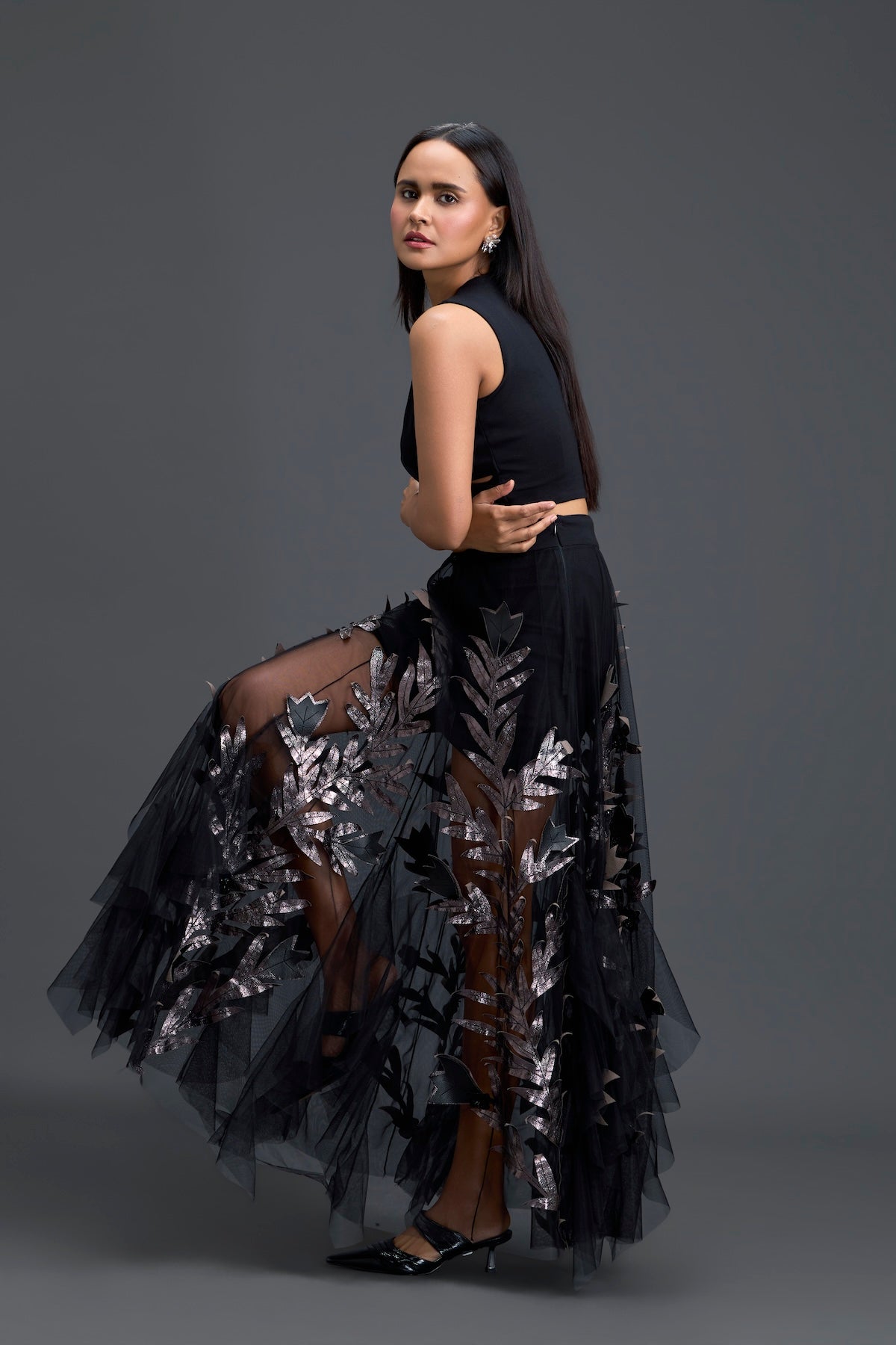 Black Twist Crop Top and Metallic Leaf Tulle Skirt