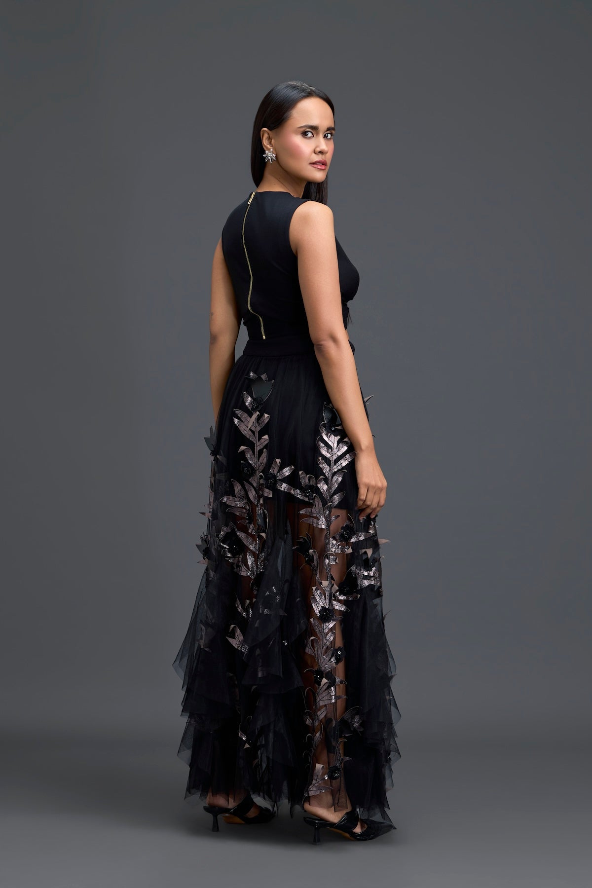 Black Twist Crop Top and Metallic Leaf Tulle Skirt