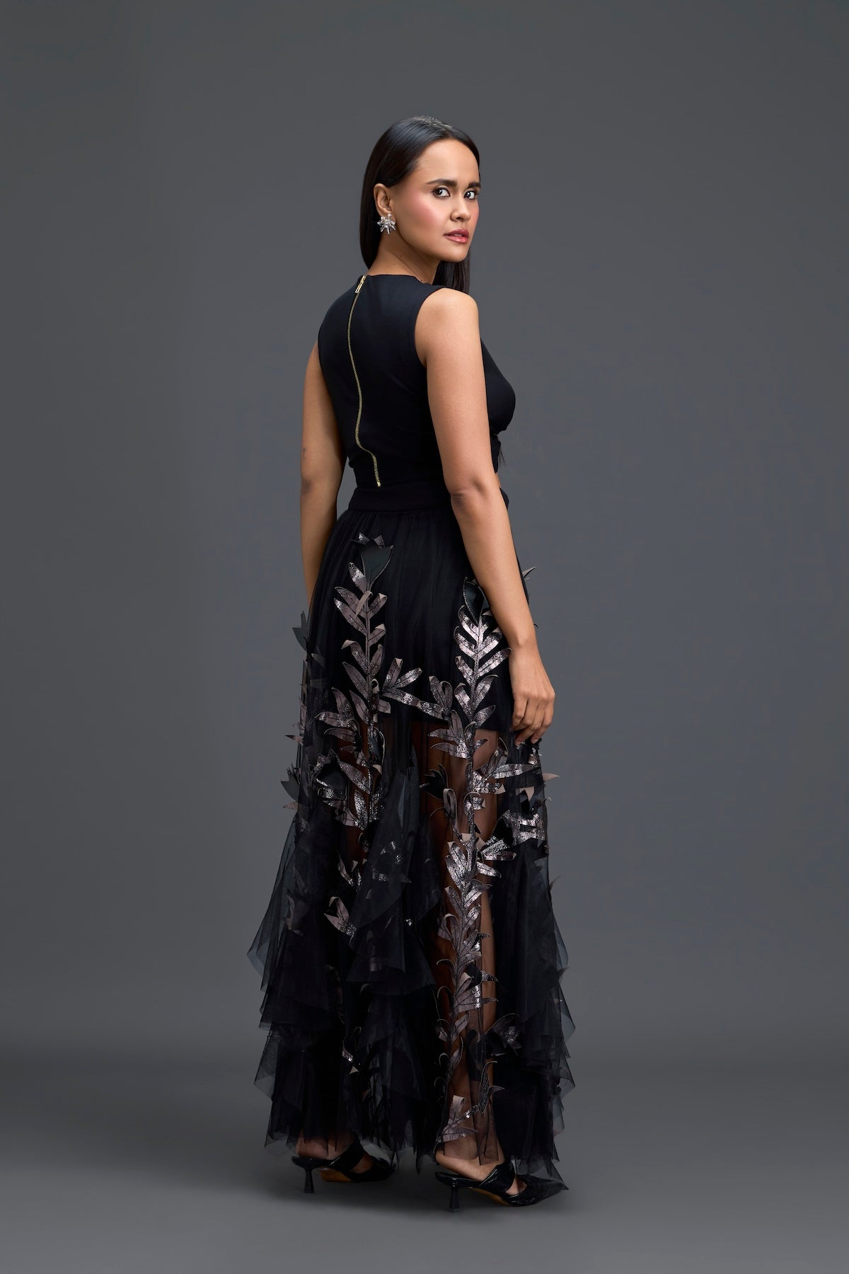 Black Twist Crop Top and Metallic Leaf Tulle Skirt