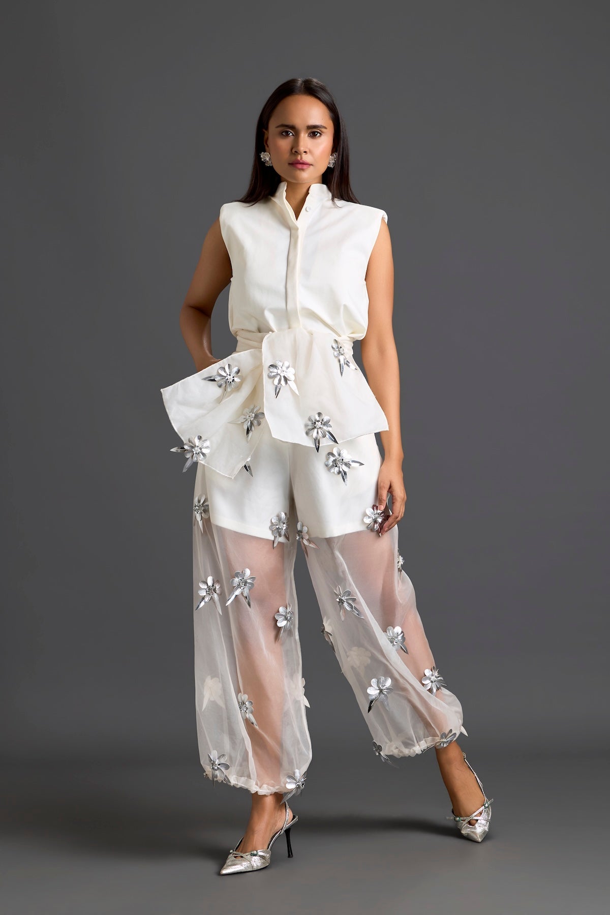 White Floral Organza Pants with Embellished Bow Belt