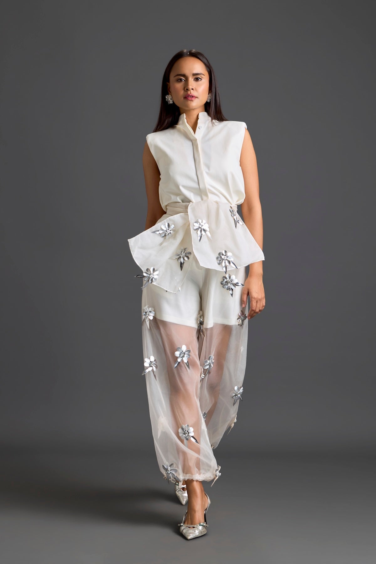 White Blazer Shorts and Floral Organza Pants Set