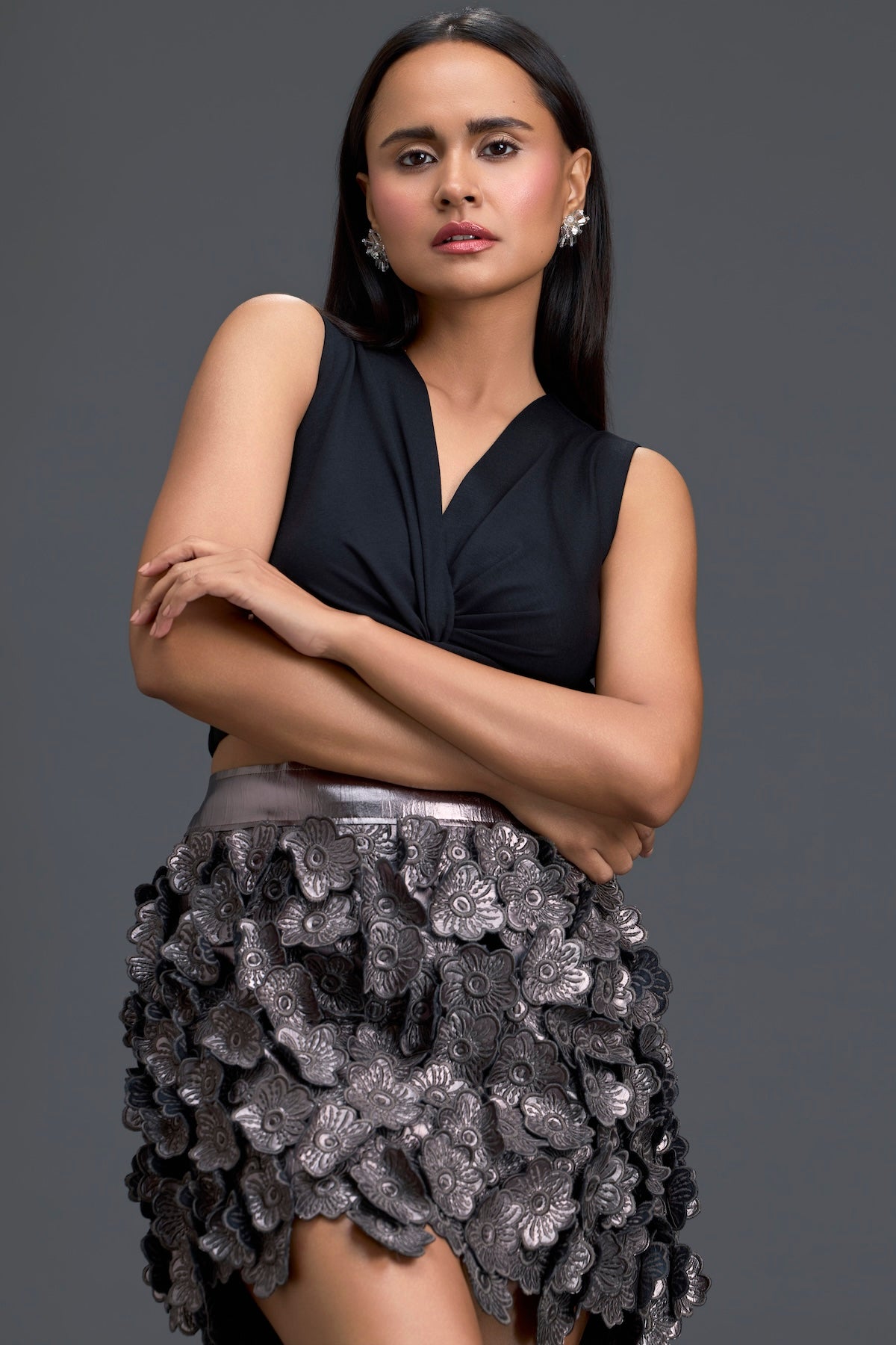 Black Twist Crop Top and Metallic Floral Mini Skirt