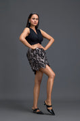 Load image into Gallery viewer, Black Twist Crop Top and Metallic Floral Mini Skirt
