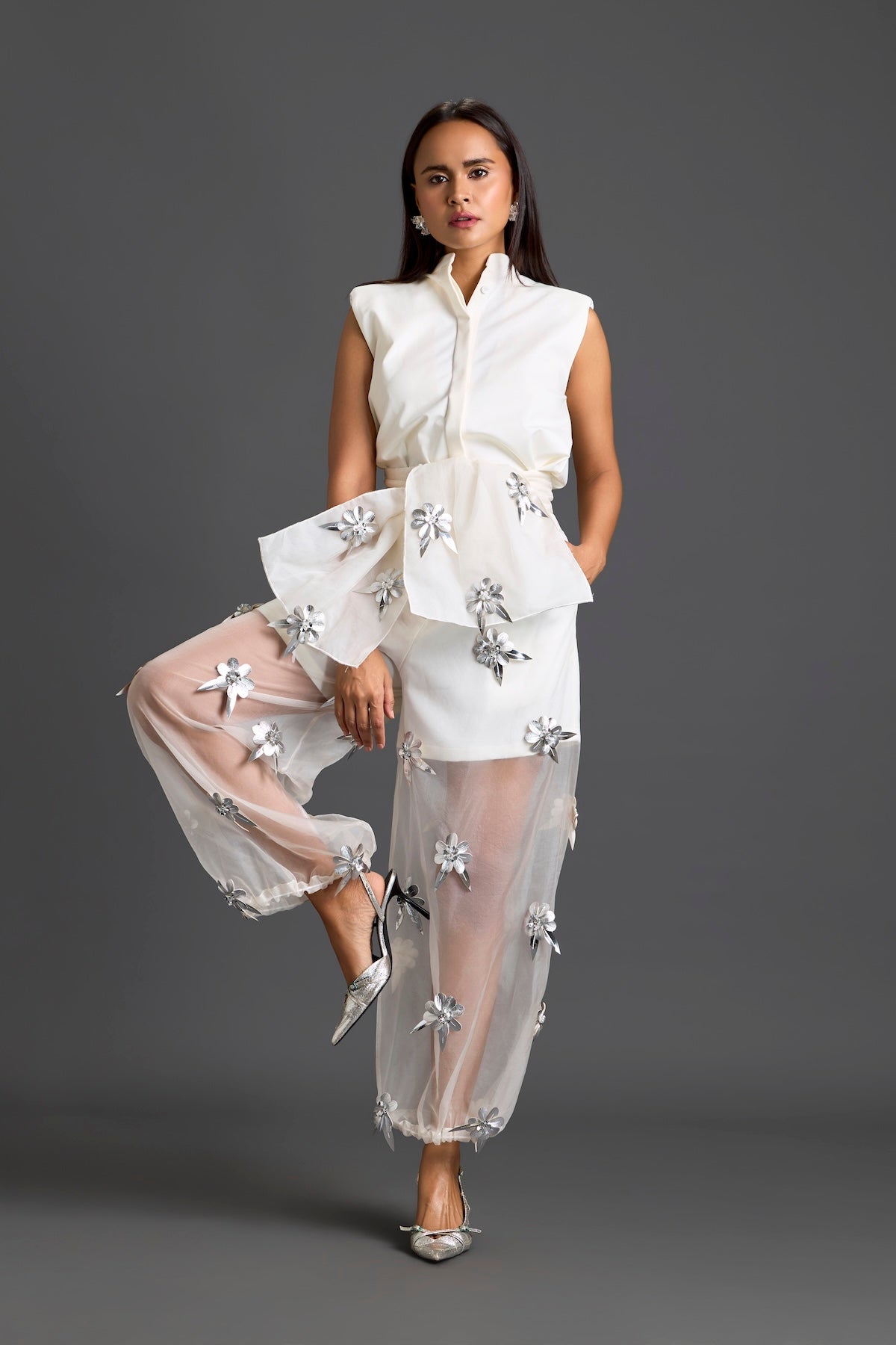 White Floral Organza Pants with Embellished Bow Belt