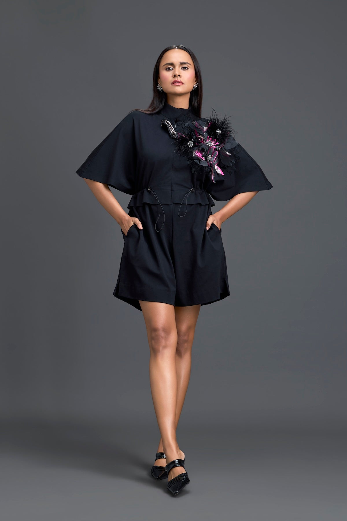 Black Feather Crystal Shoulder Playsuit