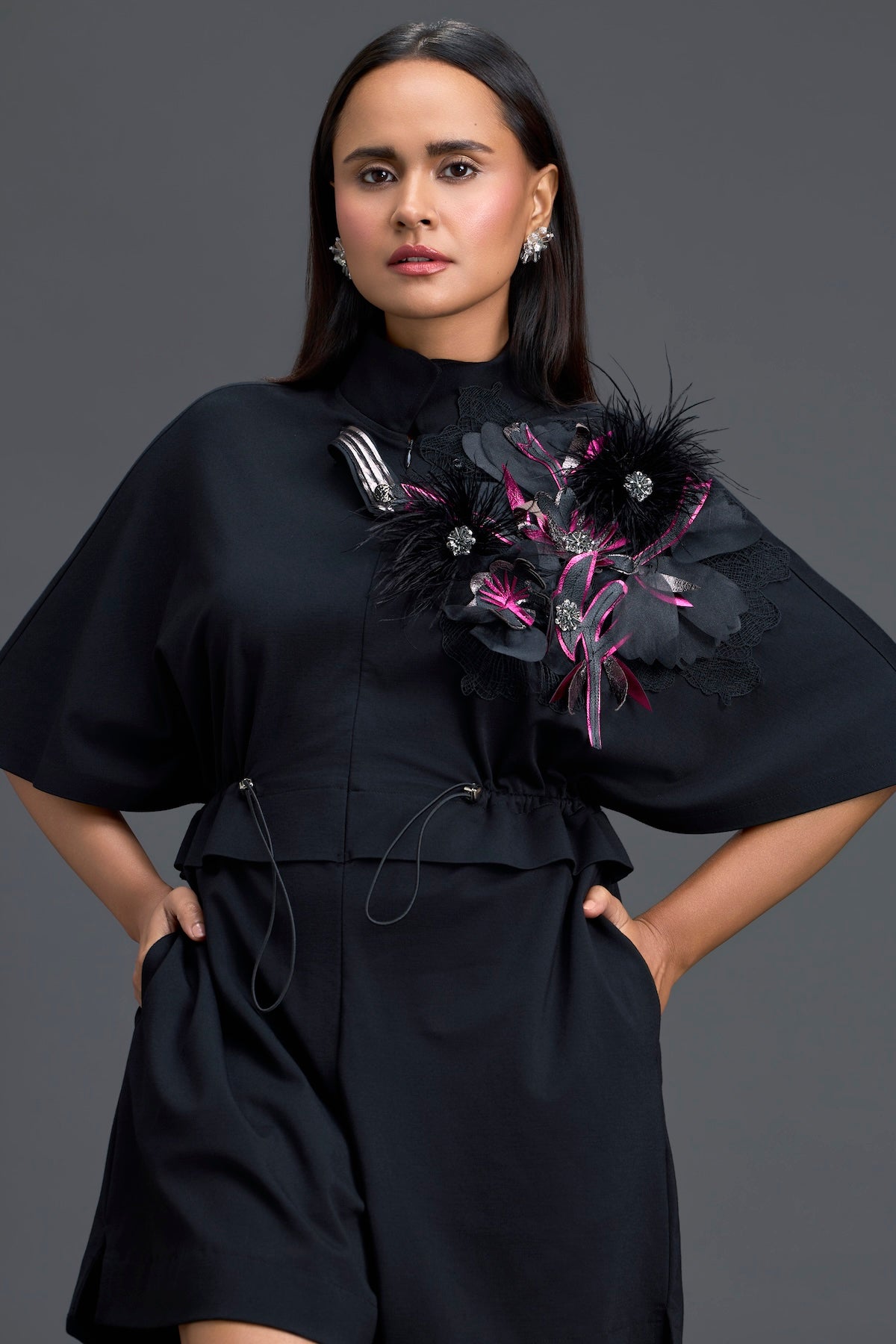 Black Feather Crystal Shoulder Playsuit