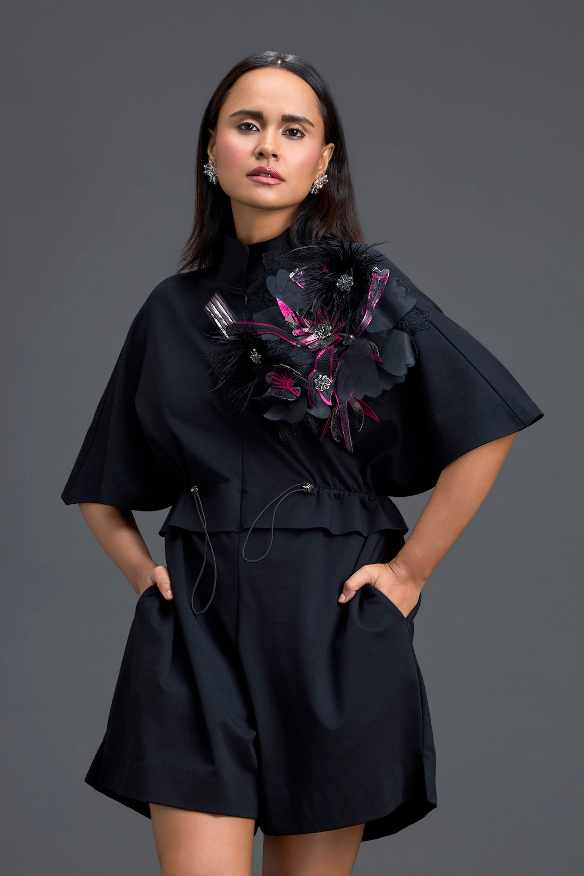 Black Feather Crystal Shoulder Playsuit