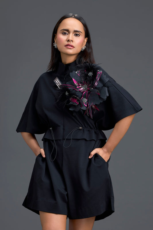 Black Feather Crystal Shoulder Playsuit