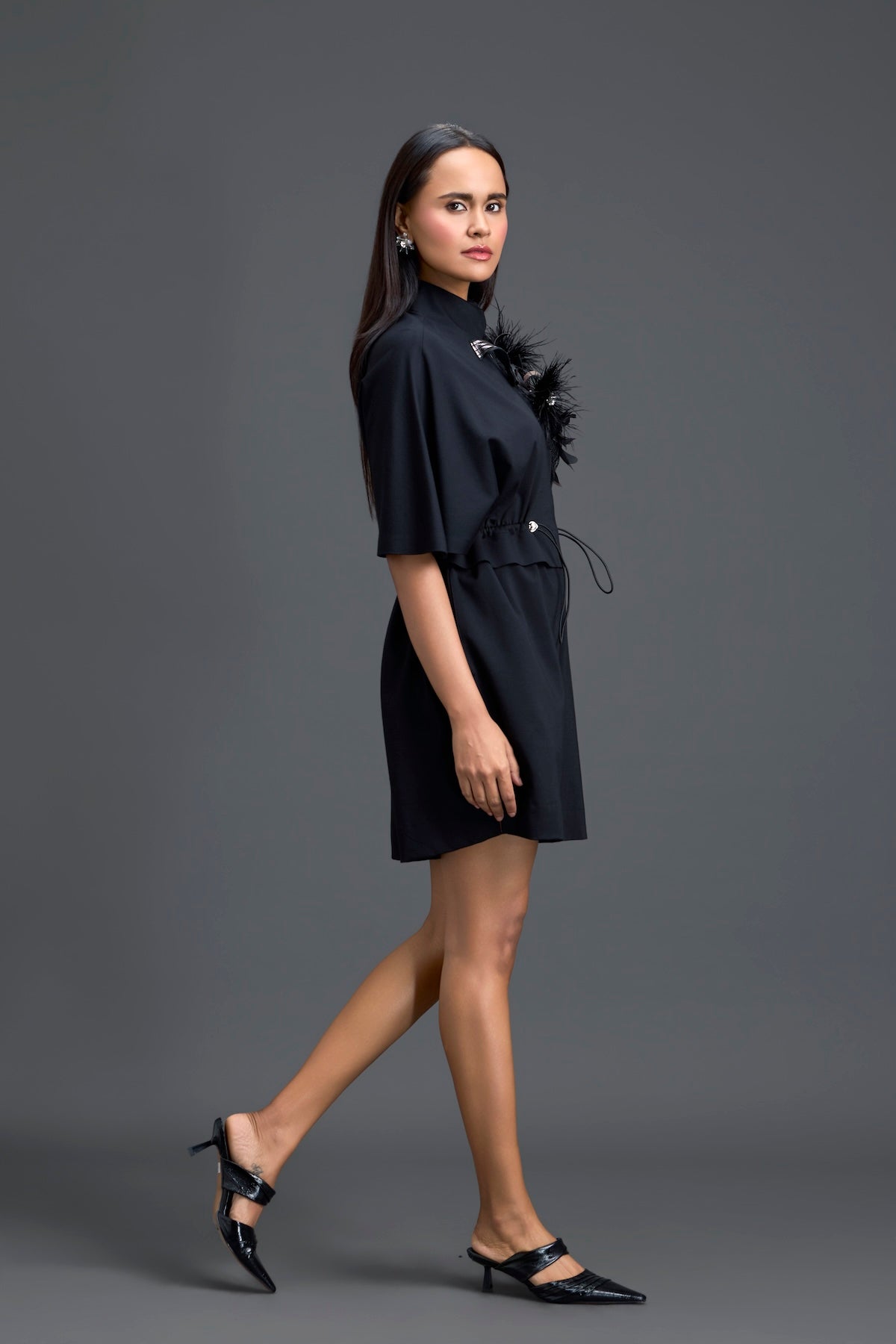 Black Feather Crystal Shoulder Playsuit