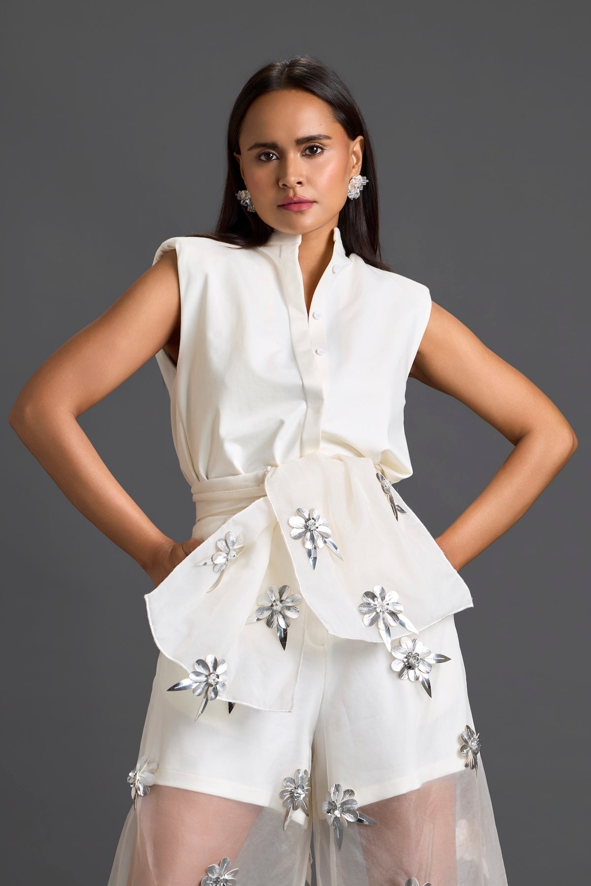 White Blazer Shorts and Floral Organza Pants Set