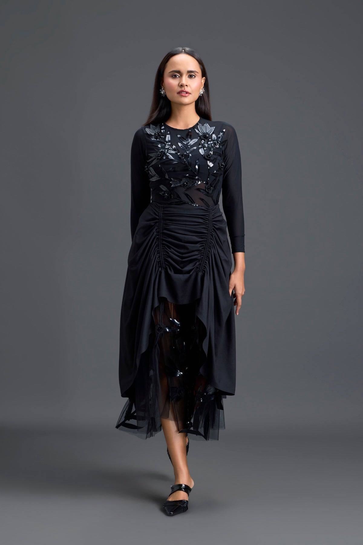 Black Ruched Asymmetric Tulle Skirt