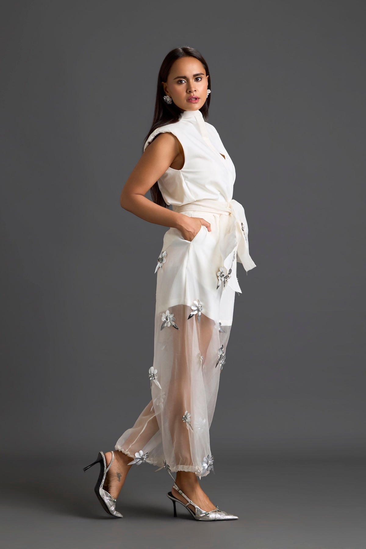 White Blazer Shorts and Floral Organza Pants Set