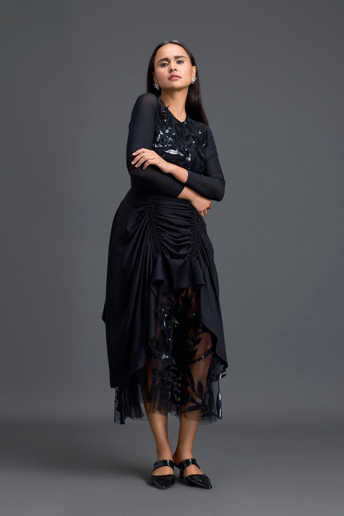 Black Ruched Asymmetric Tulle Skirt