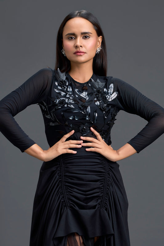 Black Leaf Mesh Top and Asymmetric Tulle Skirt Set