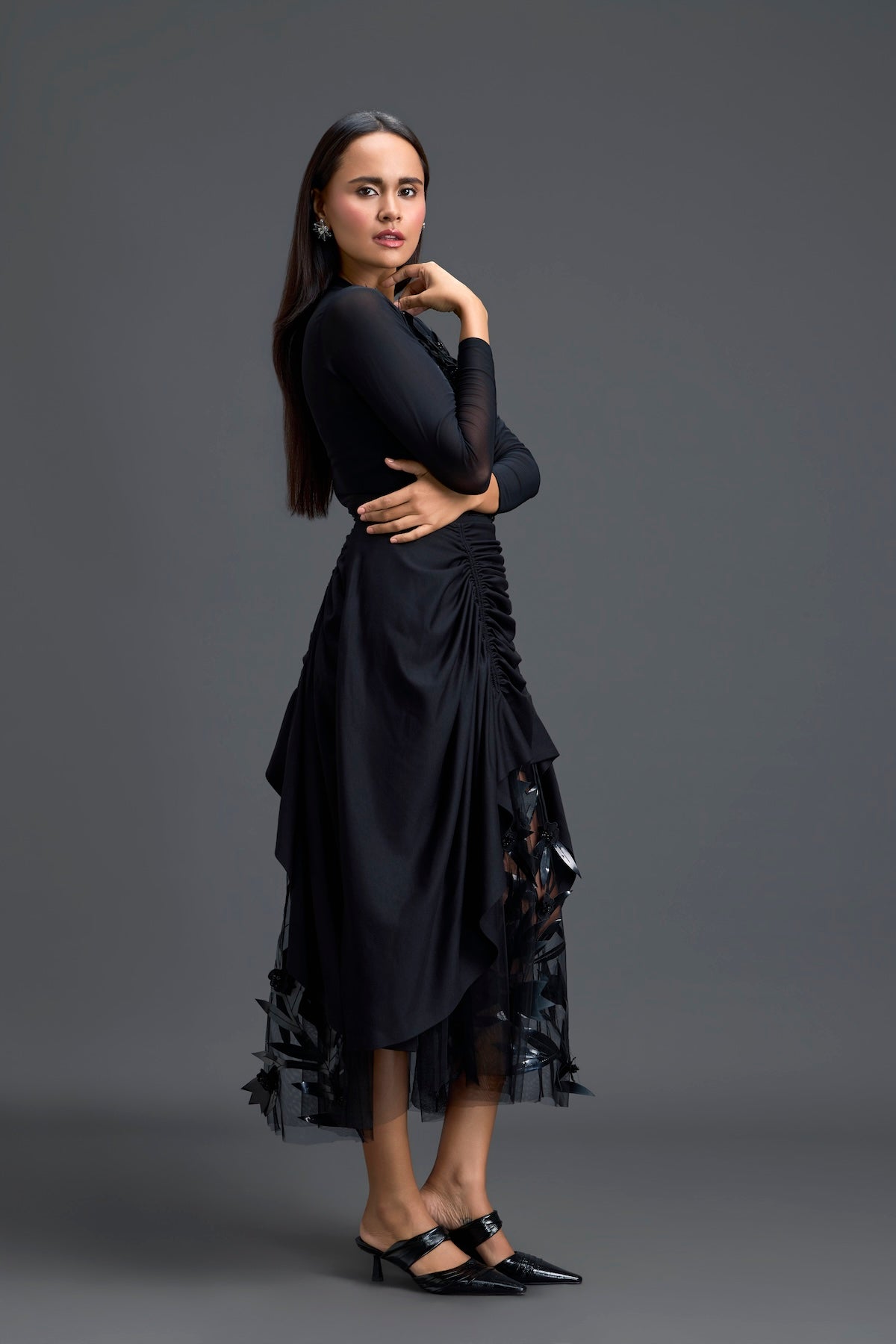 Black Ruched Asymmetric Tulle Skirt
