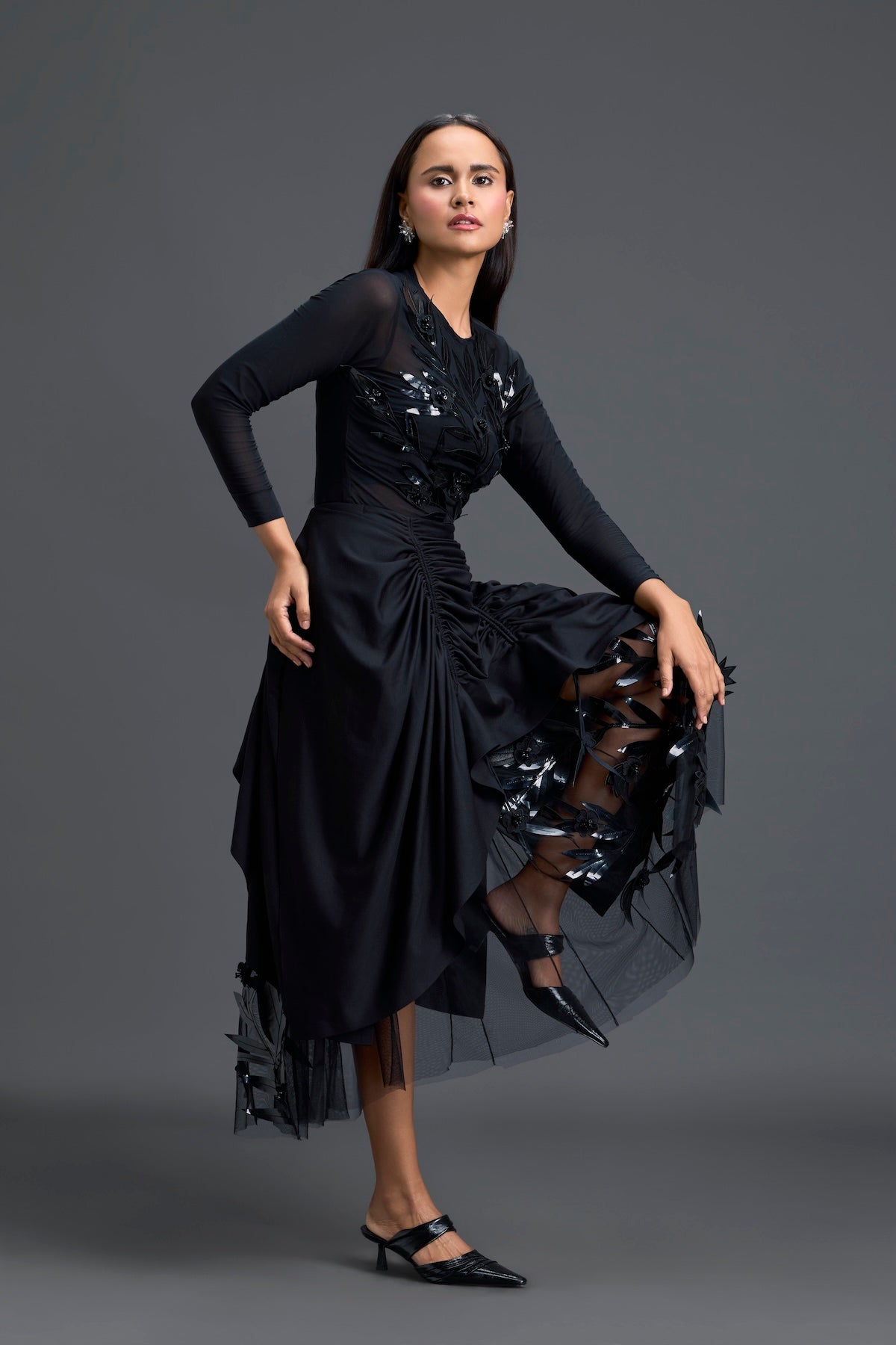 Black Ruched Asymmetric Tulle Skirt