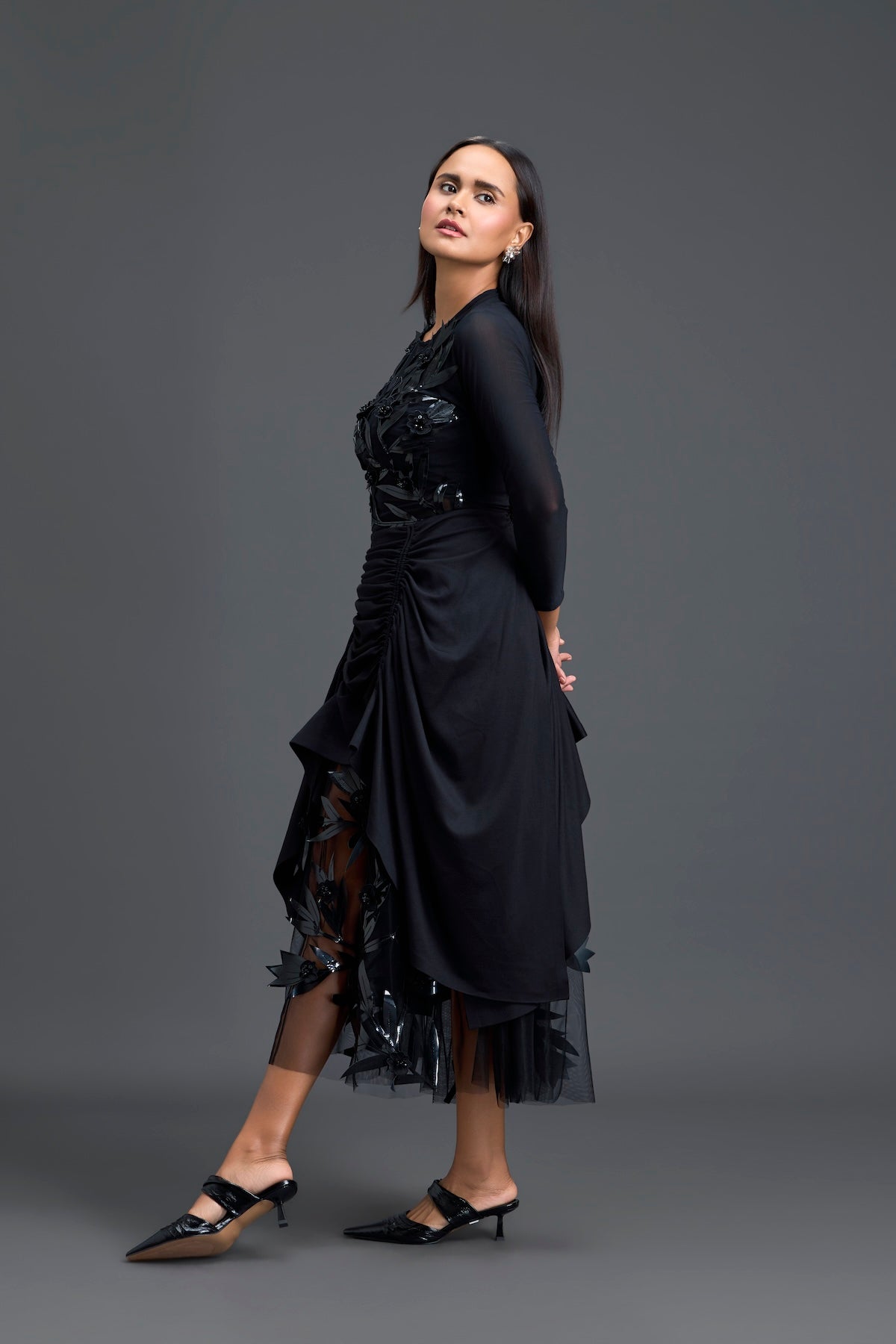 Black Ruched Asymmetric Tulle Skirt