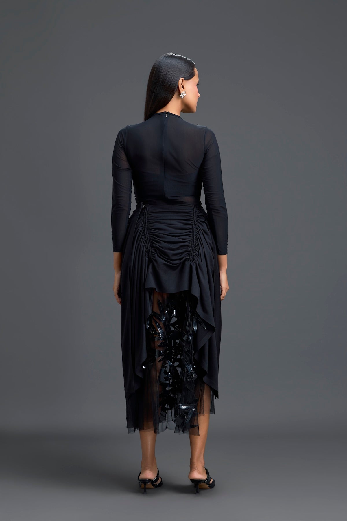 Black Ruched Asymmetric Tulle Skirt