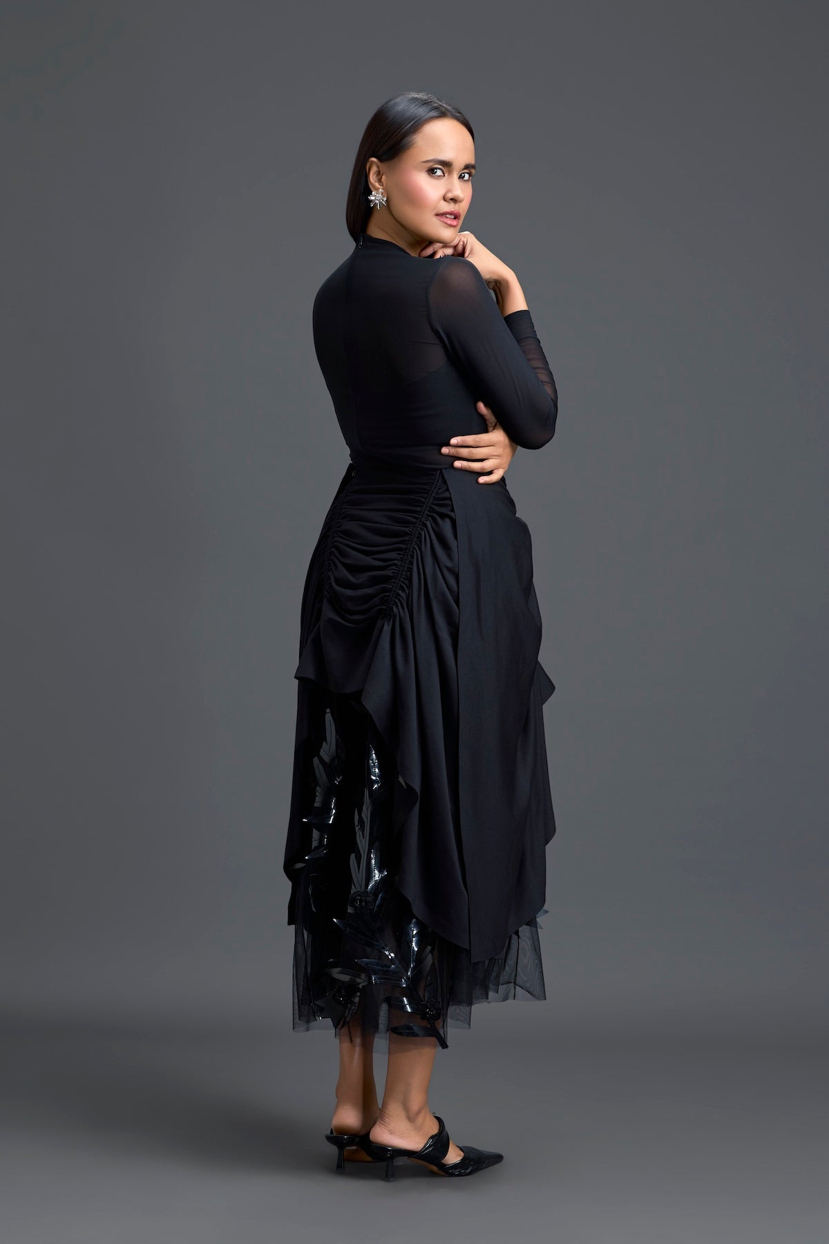 Black Ruched Asymmetric Tulle Skirt