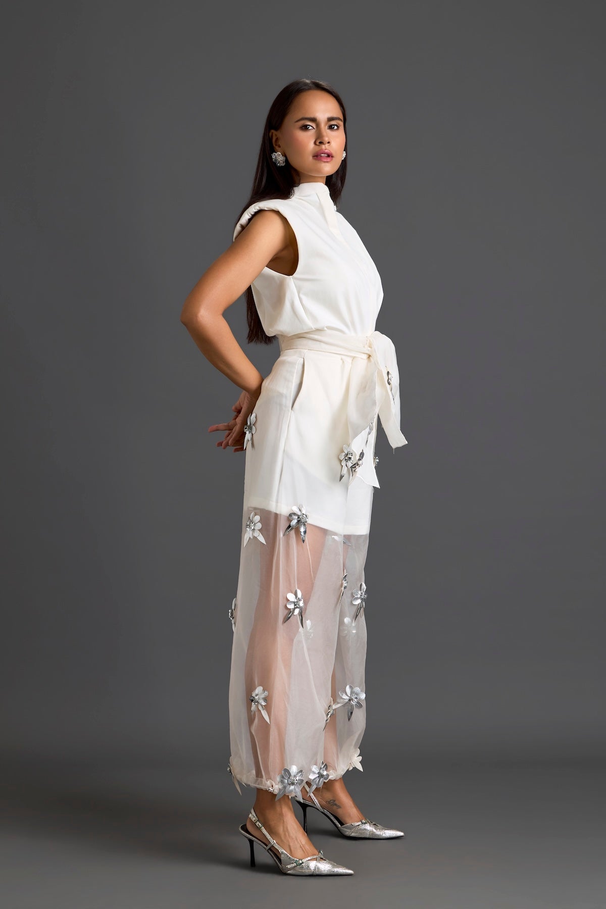 White Floral Organza Pants with Embellished Bow Belt