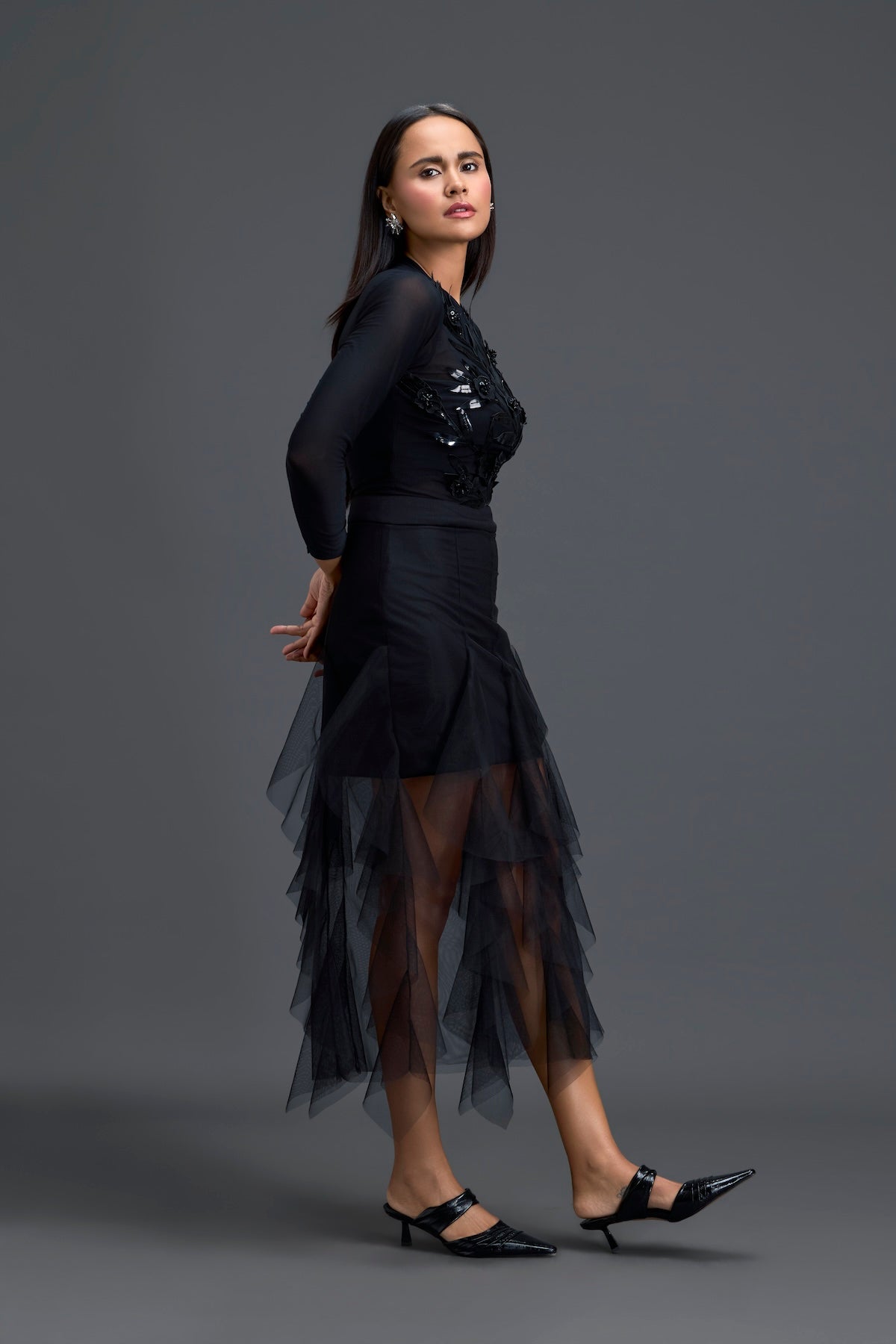 Black Leaf Mesh Top and High-Low Tulle Skirt Set