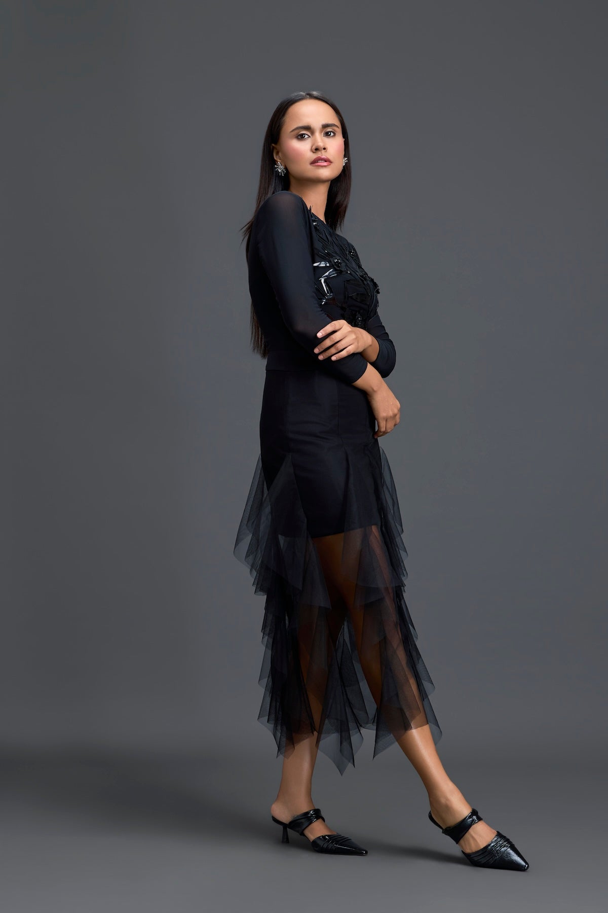 Black Leaf Mesh Top and High-Low Tulle Skirt Set