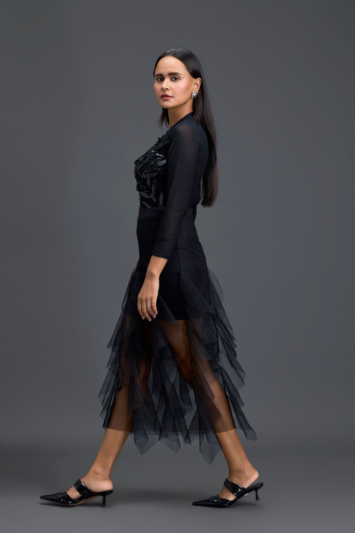 Black Leaf Mesh Top and High-Low Tulle Skirt Set