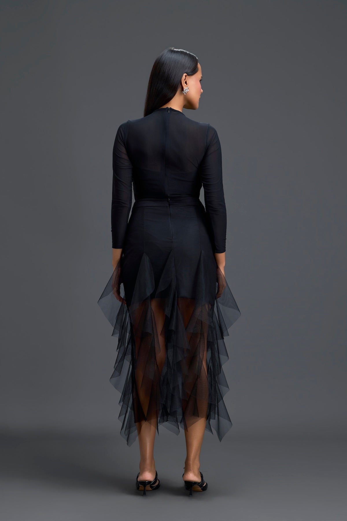 Black Leaf Mesh Top and High-Low Tulle Skirt Set