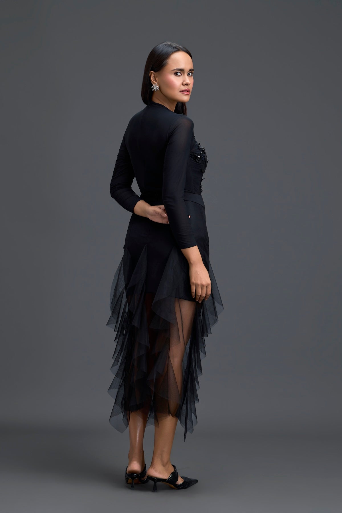 Black Leaf Mesh Top and High-Low Tulle Skirt Set