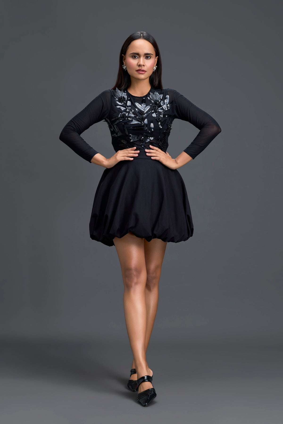 Black Leaf Detail Mesh Top