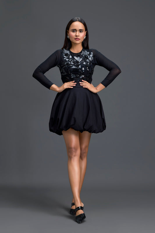 Black Leaf Mesh Top and Bubble Mini Skirt Set