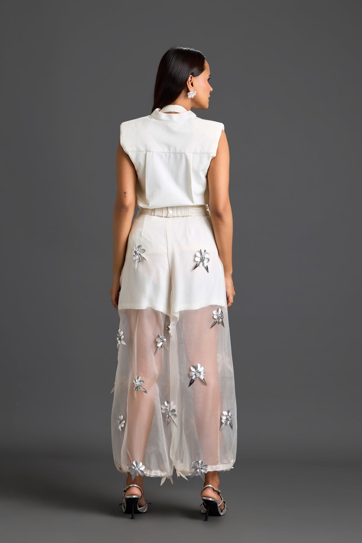 White Blazer Shorts and Floral Organza Pants Set