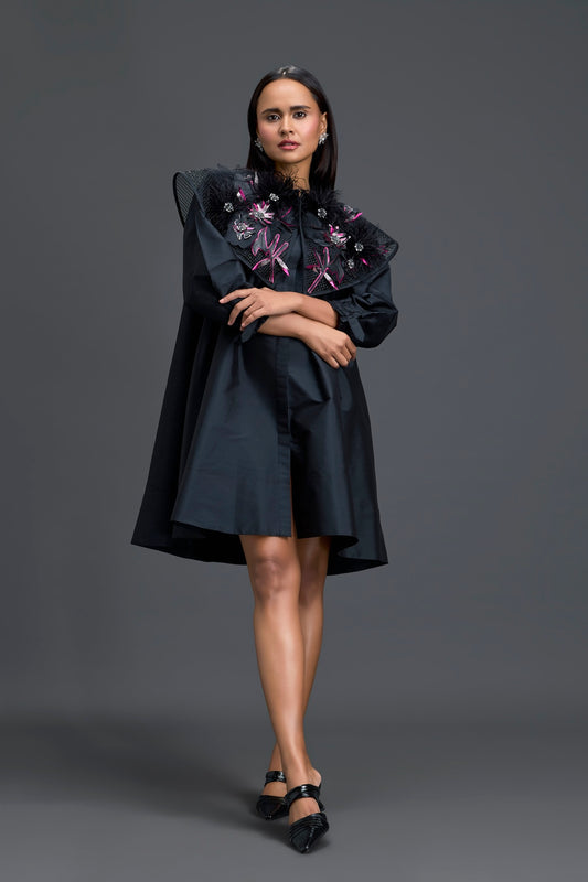 Black A-Line Dress with Feather Crystal Collar
