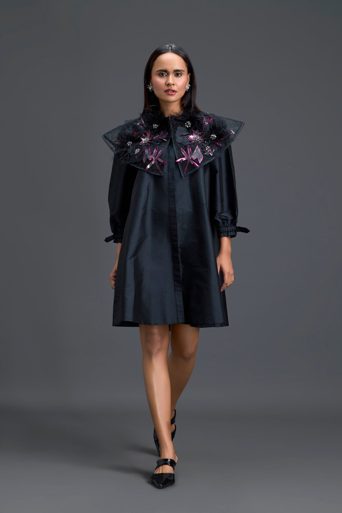 Black A-Line Dress with Feather Crystal Collar